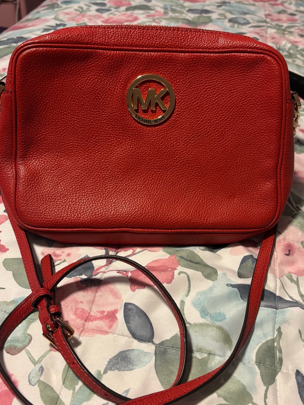 Michael Kors Red Pebbled Leather Crossbody with Gold MK Logo